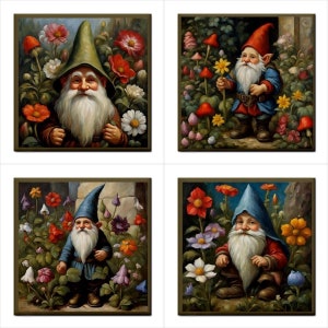 Gnome Floral Art Ceramic Tiles: Kitchen & Bathroom Backsplash, Set of 4