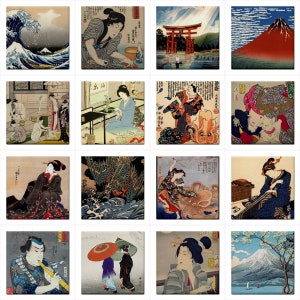 Ceramic Tile Set of 16 Japanese Art Tiles 4.25 Inches Tile Backsplash Japan Home Decor