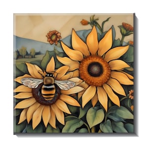 May include: A square art print featuring two large yellow sunflowers with brown centers and green leaves. A fuzzy black and yellow striped bee is positioned on the left sunflower. The background shows a soft landscape with trees and a pale sky.
