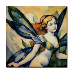 May include: A painting of a figure with large, translucent blue and black wings, wearing a green top. The figure has wavy blonde hair and a pale complexion, set against a soft, abstract background of yellow, orange, and muted green tones.