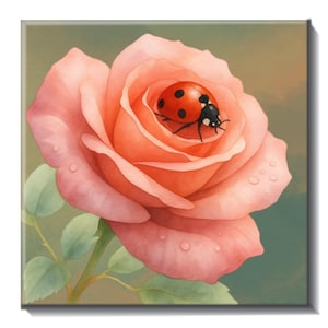 May include: A soft peach-colored rose in full bloom with delicate water droplets on its petals. A bright red ladybug with distinct black spots is positioned in the center of the rose. The flower has light green leaves on a thin stem.