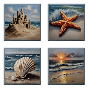 May include: A set of four paintings depicting beach scenes. The first painting shows a sandcastle on a beach with blue water in the background. The second painting shows a starfish on a beach with blue water and white waves in the background. The third painting shows a seashell on a beach with blue water and white waves in the background. The fourth painting shows a sunset over the ocean with blue water and white waves in the background.