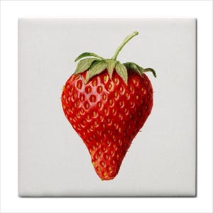 May include: A vibrant red strawberry with green leaves and stem, set against a white background. The strawberry is detailed with visible seeds and a textured surface, showcasing a realistic botanical illustration.