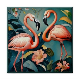 Pink Flamingos Art Nouveau Ceramic Tile: Tropical Home Decor (4.25x4.25 Inches)