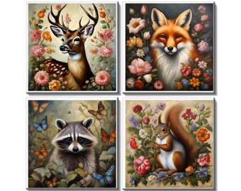May include: Four square art prints featuring woodland animals. A deer, fox, raccoon, and squirrel are surrounded by colorful flowers and butterflies. The artwork has a vintage, painterly style with soft colors and detailed textures.