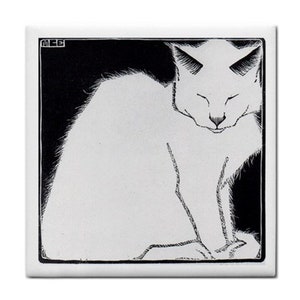 May include: Black and white illustration of a white cat sitting with its eyes closed. The cat is outlined in black and the background is black.
