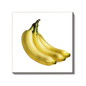 May include: A bunch of three ripe bananas, with yellow peels and green stems, against a white background. The bananas are slightly curved and appear fresh.