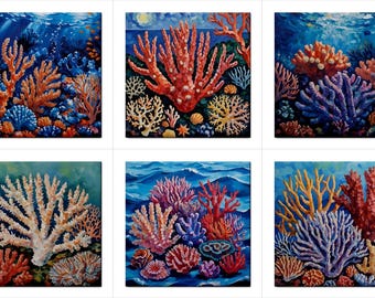 Coral Reef Ceramic Tile Art: Coastal Backsplash Border, Set of 6