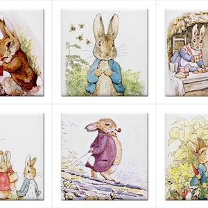 May include: Six square ceramic tiles featuring illustrations of rabbits in various scenes. The images depict rabbits in clothing, interacting with each other, and engaging in activities. The artwork has a vintage, storybook style with soft colors.
