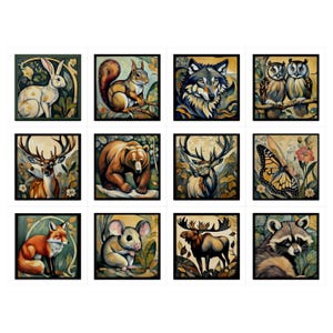 Forest Animals Ceramic Tile Set: Art Nouveau Decorative Tiles, 4.25&quot;