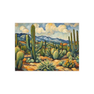 May include: An oil painting depicts a desert landscape with various cacti, including tall saguaros and rounded barrel cacti. The scene features a warm color palette of greens, browns, and blues, with a cloudy sky and distant mountains.