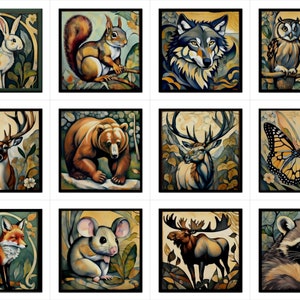 Forest Animals 12 Ceramic Tiles Set 4.25 Inches Tile Art Backsplash Craft Tiles Owl Wolf Squirrel Fox Bear Moose Rabbit Elk Butterfly Deer