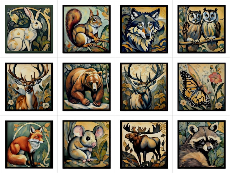 Forest Animals 12 Ceramic Tiles Set 4.25 Inches Tile Art Backsplash Craft Tiles Owl Wolf Squirrel Fox Bear Moose Rabbit Elk Butterfly Deer image 1