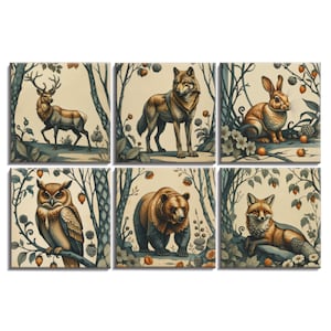Wildlife Ceramic Tiles: Art Nouveau Animals Nature Backsplash Decor, Set of 6