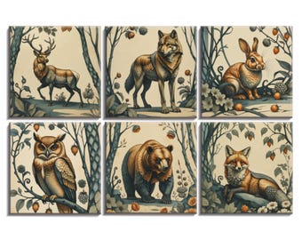 Wildlife Ceramic Tiles: Art Nouveau Animals Nature Backsplash Decor, Set of 6