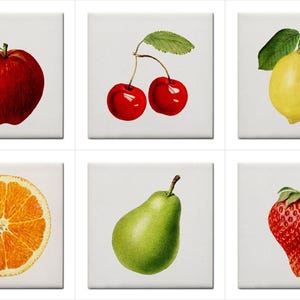 May include: Six square tiles each feature a different fruit illustration. A red apple, two cherries, a yellow lemon, an orange slice, a green pear, and a red strawberry are depicted. The illustrations have a vintage, botanical style.