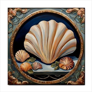 May include: A painting of a large seashell with a detailed, ornate frame. The seashell is white with a hint of orange and is surrounded by smaller seashells.
