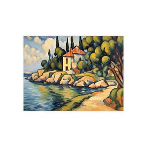 Puede incluir: Una pintura colorida representa una escena costera con una casa, árboles y agua. La casa tiene un tejado rojo y paredes amarillas. El agua es azul y verde, y el cielo es una mezcla de azul y blanco. La pintura está realizada en un estilo impresionista.