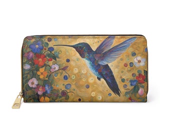 HummingbIrd Art Wallet For Travel Vacation PU Leather Zipper 7.87 x 4.33 Inches