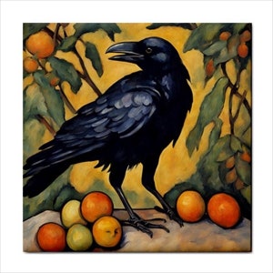 May include: A black crow stands on a rock surrounded by green leaves and orange and green fruit. The crow is looking to the left of the image.