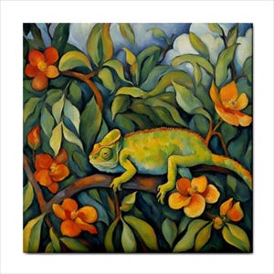 May include: A vibrant painting of a chameleon perched on a branch, surrounded by lush green leaves and orange flowers. The chameleon is primarily yellow and green, with a reddish-orange stripe along its back. The artwork has a painterly style.