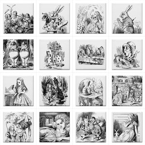 Alice In Wonderland 16 Ceramic Tiles Set 4.25 Inches Black White Dodo Caterpillar Cheshire Cat Mad Hatter Tile Art Backsplash Border Tiles