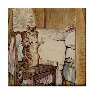 May include: A watercolor illustration of a brown tabby cat sitting upright on a wooden chair, holding a small white teacup and saucer. In the background, a figure rests in a bed with white linens, partially obscured by brown curtains.