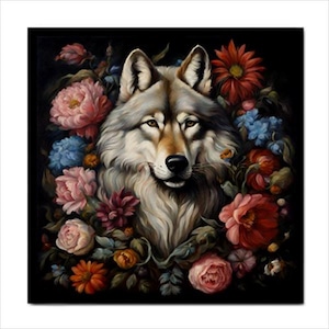 May include: A white wolf with a brown nose is surrounded by a variety of colorful flowers, including pink, red, and blue. The wolf's fur is soft and fluffy, and its eyes are piercing.