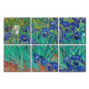 May include: A six-piece canvas print set featuring a vibrant painting of blue irises with green leaves against a yellow background. The painting is in the style of Vincent van Gogh.