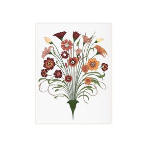 Może przedstawiać: Ilustracja kwiatowa przedstawiająca bukiet stylizowanych kwiatów w odcieniach czerwieni, pomarańczy i brzoskwini, z zielonymi liśćmi i łodygami. Kwiaty ułożone są w kształt wazonu na białym tle. Grafika ma styl vintage i botaniczny.