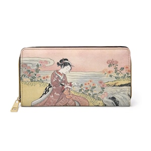 Japanese Woman Picking Chrysanthemums Zipper Wallet Suzuki Harunobu Art Faux Leather Cruelty Free