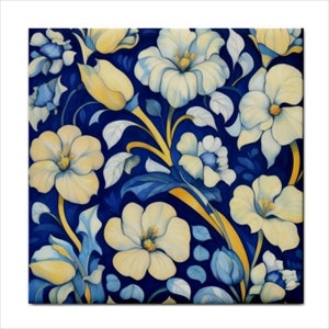 Blue Wildflowers Ceramic Tile Art Nouveau Style Backsplash Home Wall Decor 4.25x4.25 Inches