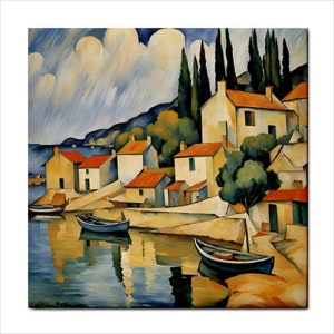 May include: A painting depicting a quaint seaside village with colourful houses, verdant trees, and blue boats. The sky is a light blue with white clouds. The water is a deep blue, reflecting the houses and trees.