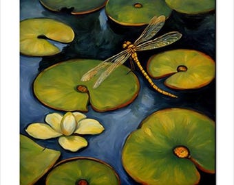 Dragonfly Lily pad  Ceramic Tile Art Post Impressionist Style Backsplash Home Wall Decor