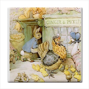 May include: A square ceramic tile featuring a watercolor illustration of a shop named GINGER & PICKLES. The scene depicts a rabbit in a blue coat, a hen in a dark apron, and a duck in a blue bonnet surrounded by many small yellow chicks.
