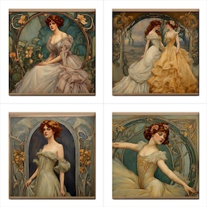 Ceramic Tiles Art Nouveau Women Craft Kitchen Backsplash Tiles Set Of 4
