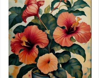 May include: A square wall art print featuring a vibrant illustration of large, blooming hibiscus flowers in shades of coral, orange, and pink. The flowers are surrounded by deep green foliage and are set against a soft, cream-colored background.