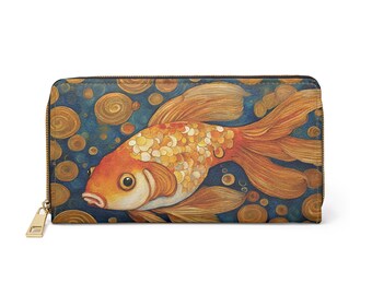 Goldfish Art Wallet For Travel Vacation PU Leather Zipper 7.87 x 4.33 Inches