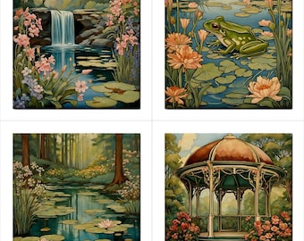 Lilypad Pond Ceramic Tile Set of 4 Tiles Frog Flowers Nature Home Decor Art