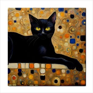 May include: A black cat with striking yellow eyes is depicted in this artwork. The cat is lying down, with its front paws extended. The background features a decorative pattern with gold, orange, blue, and white elements.