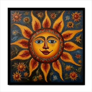 May include: A painting of a smiling sun with a human face, surrounded by yellow, orange, and red rays. The sun is set against a dark blue background with small yellow flowers.