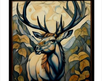 May include: A framed wall art print featuring a stylized elk with large antlers, set against a backdrop of abstract mountains and foliage. The color palette consists of muted blues, creams, and golden yellows, with bold dark outlines.