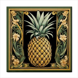 May include: A square decorative tile featuring a central yellow pineapple with green leaves set against a black background. The pineapple is framed by ornate, scrolling green and cream-colored floral patterns within a gold-toned border.