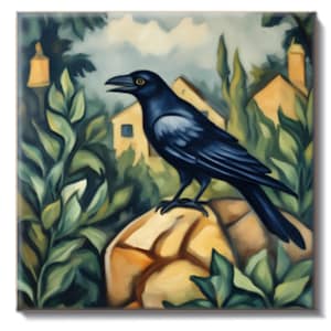 May include: A painting depicting a black crow with an open beak, resting on a tan rock. The background shows green foliage, yellow buildings, and a cloudy sky. The crow has yellow eyes.