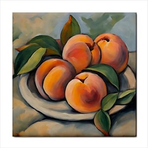 May include: A still life painting of four peaches on a white plate with green leaves. The peaches are a mix of orange and pink hues.