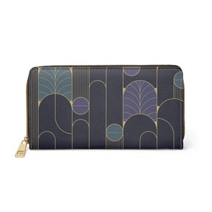 Blue Art Deco Pattern Faux Leather Zipper Wallet