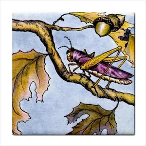 May include: An illustrated image of a grasshopper on a branch, surrounded by autumnal leaves and acorns. The grasshopper is depicted with a purple body and yellow wings, set against a pale blue backdrop.