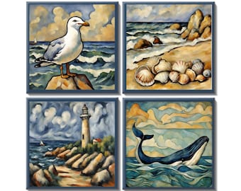 Nautical Ceramic Tile Art: Coastal Decor Set of 4