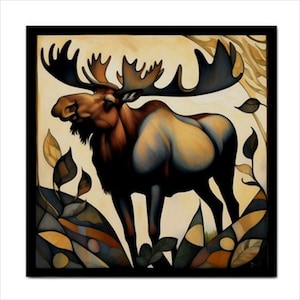 May include: A framed square wall art print featuring a stylized illustration of a brown moose with large antlers. The moose stands amidst abstract, geometric foliage in shades of brown, tan, and dark green against a light cream background.