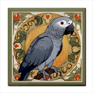 Peut inclure: Un perroquet gris d'Afrique gris avec un bec noir perché sur une branche dans un cadre décoratif, coloré et floral.